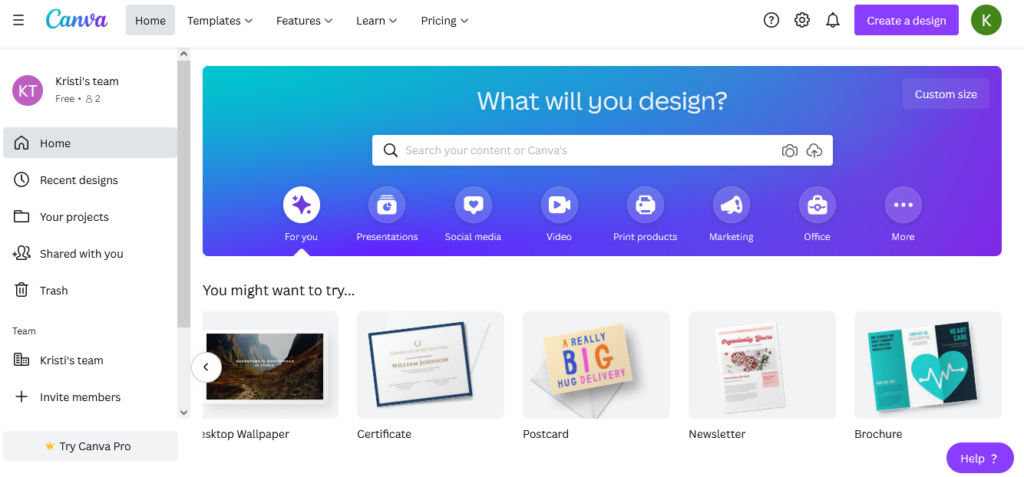 Tampilan Canva untuk content creator